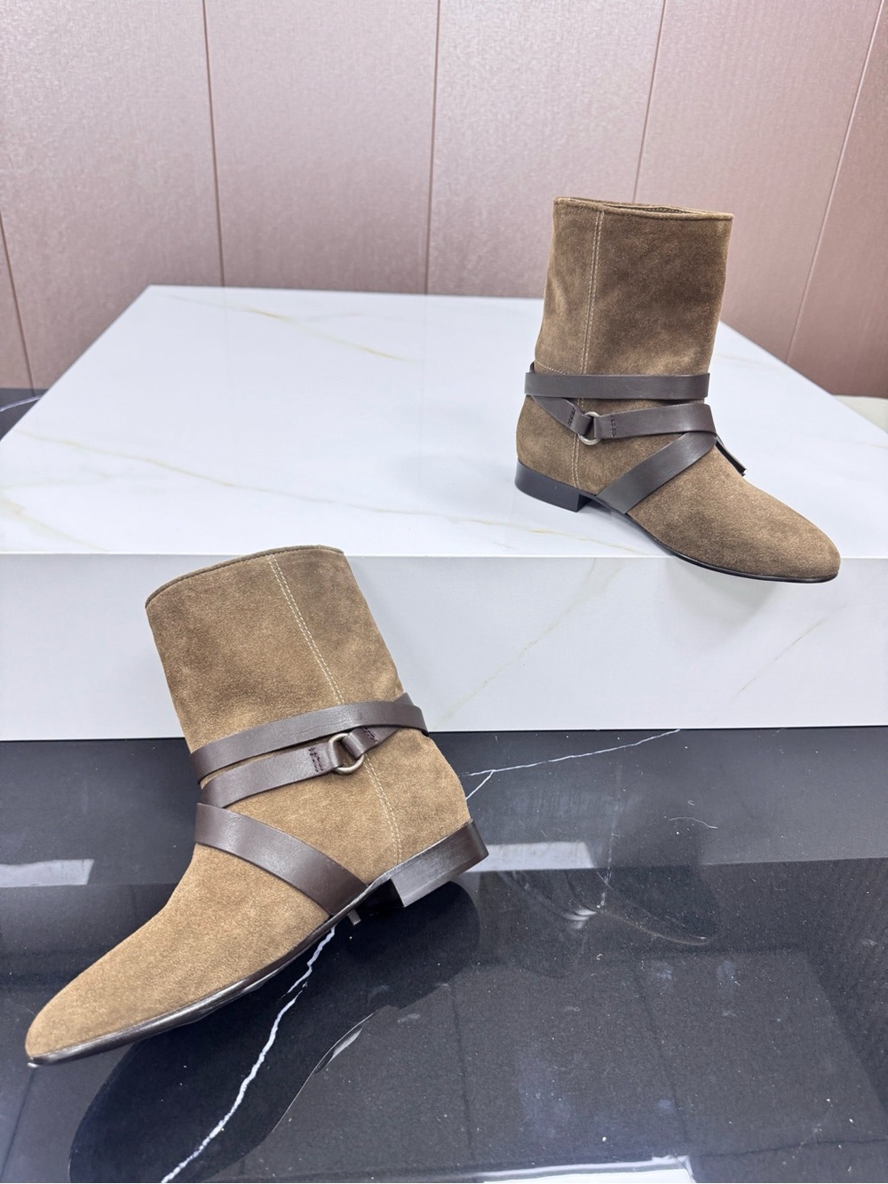Isabel Marant Olive Suede Ankle Boots with Dark Brown Leather Straps - Picture 4 of 8